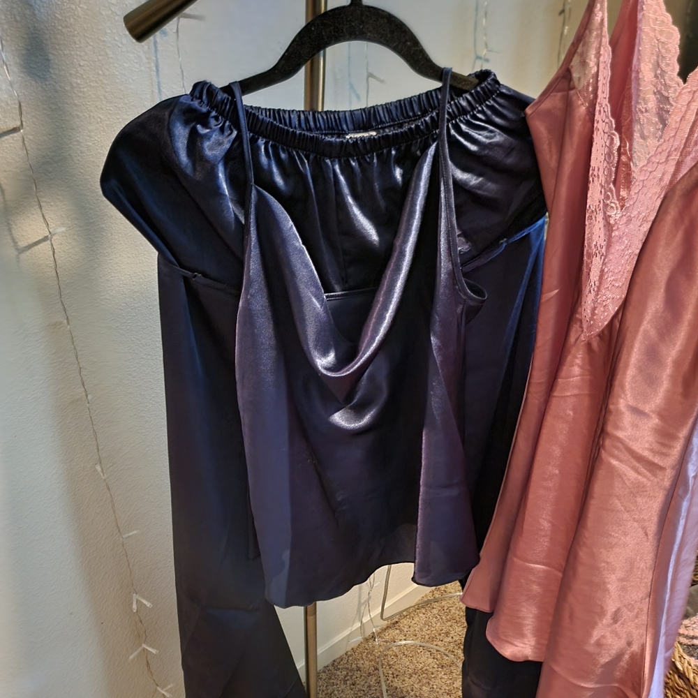 Slacks, pant suit, under garments, beigh button up.